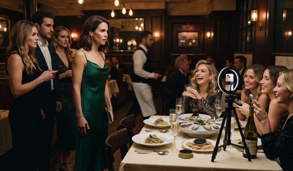 Donna arrives at her birthday dinner and finds her influencer sister and several friends gathered around the restaurant table with a ring light.