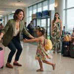 A 32-year-old woman with a bright pink suitcase arrives at an airport gate as her five-year-old niece runs toward her before a family vacation.