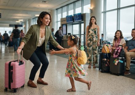 A 32-year-old woman with a bright pink suitcase arrives at an airport gate as her five-year-old niece runs toward her before a family vacation.
