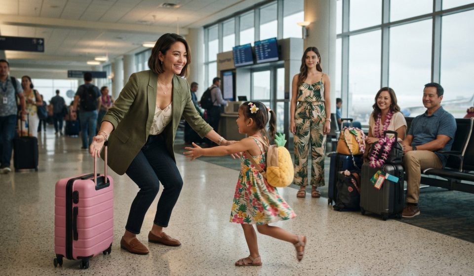 A 32-year-old woman with a bright pink suitcase arrives at an airport gate as her five-year-old niece runs toward her before a family vacation.