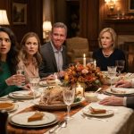 Amanda looks confused at Thanksgiving dinner as her grandfather discusses monthly financial support while her parents react nervously.