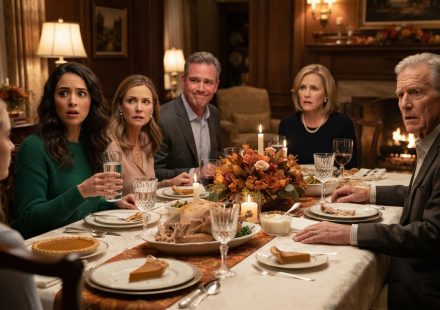 Amanda looks confused at Thanksgiving dinner as her grandfather discusses monthly financial support while her parents react nervously.