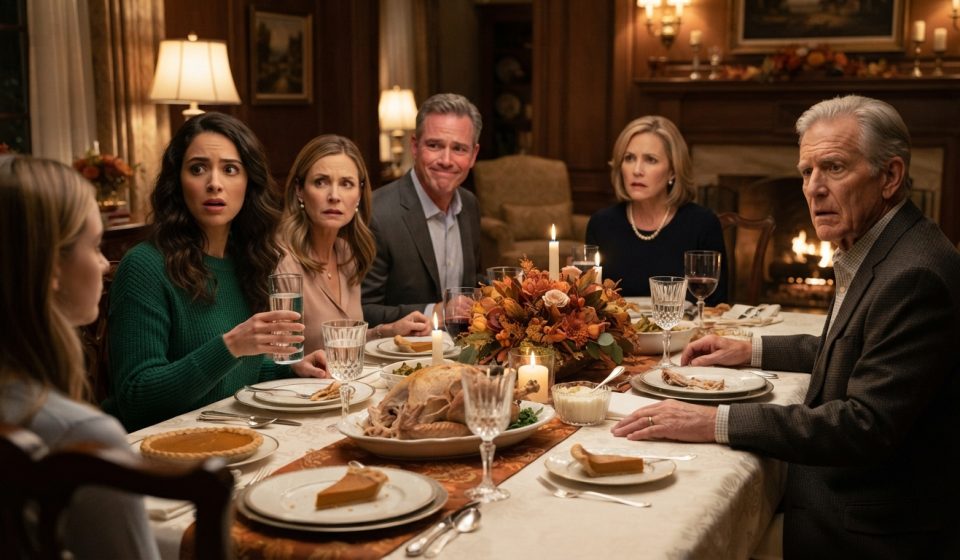 Amanda looks confused at Thanksgiving dinner as her grandfather discusses monthly financial support while her parents react nervously.