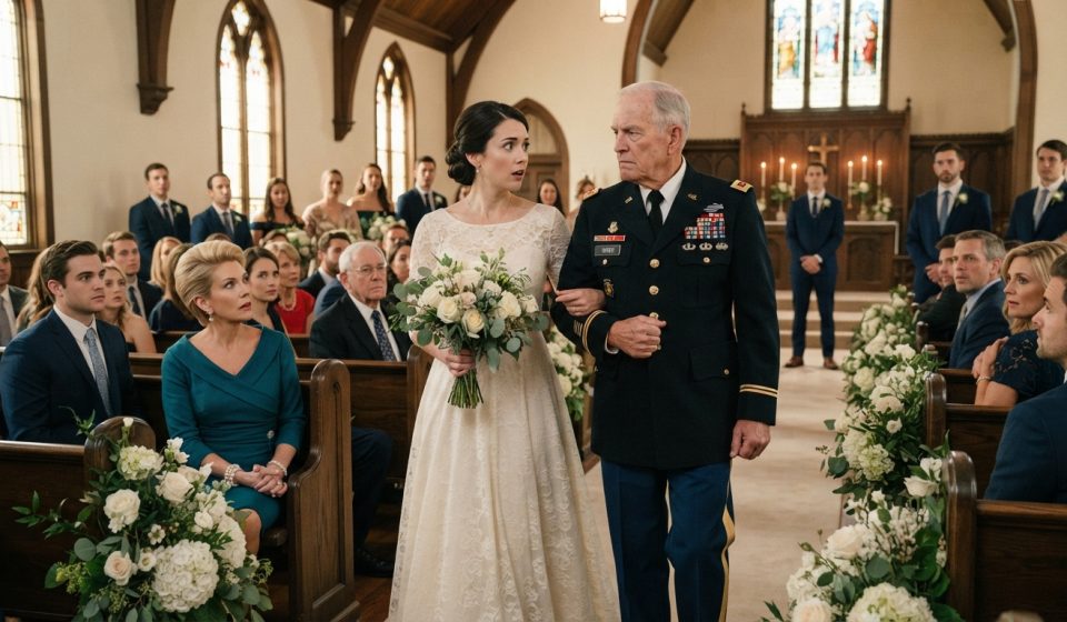 A bride-to-be watches as her mother raises a champagne glass during a tense rehearsal dinner while her elderly grandfather sits nearby.