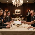 Natalie sits calmly at a luxury restaurant as her dad's new wife mocked me scene unfolds over a rejected white envelope.