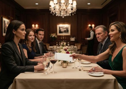 Natalie sits calmly at a luxury restaurant as her dad's new wife mocked me scene unfolds over a rejected white envelope.