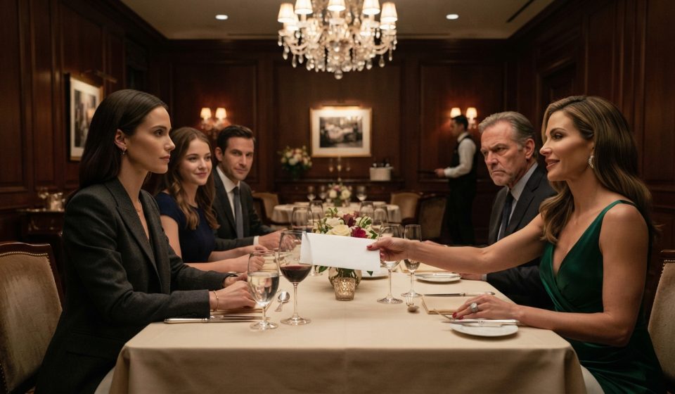 Natalie sits calmly at a luxury restaurant as her dad's new wife mocked me scene unfolds over a rejected white envelope.