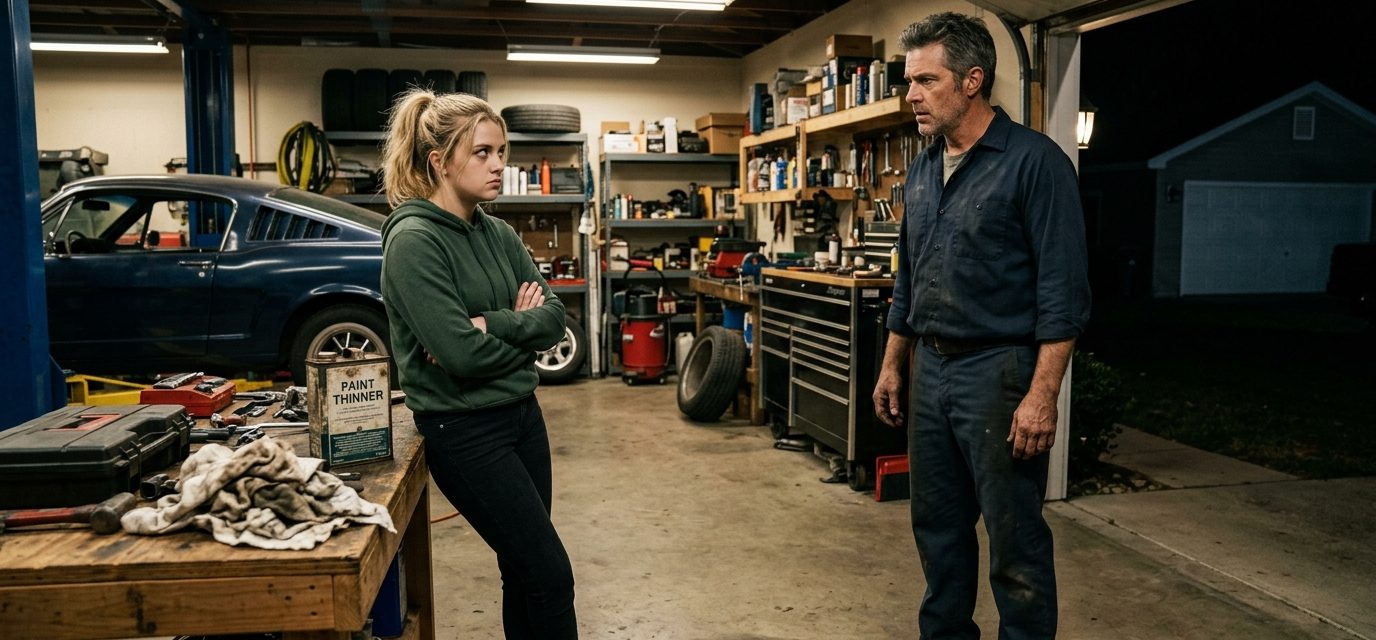 Stepfather discovers his teenage stepdaughter handling flammable materials in the garage before she nearly burned his house down.
