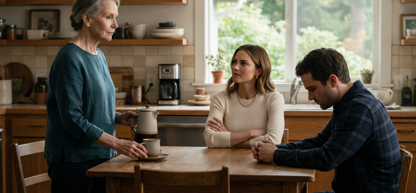 A 67-year-old mother holding a coffee pot while her daughter-in-law gives her an ultimatum and her adult son sits silently at the kitchen table.