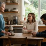 A 67-year-old mother holding a coffee pot while her daughter-in-law gives her an ultimatum and her adult son sits silently at the kitchen table.