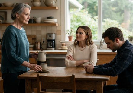 A 67-year-old mother holding a coffee pot while her daughter-in-law gives her an ultimatum and her adult son sits silently at the kitchen table.