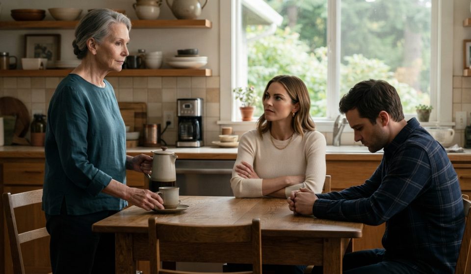 A 67-year-old mother holding a coffee pot while her daughter-in-law gives her an ultimatum and her adult son sits silently at the kitchen table.