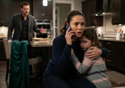 A protective mother holds her frightened eight-year-old daughter during a tense confrontation with her angry husband inside their home.