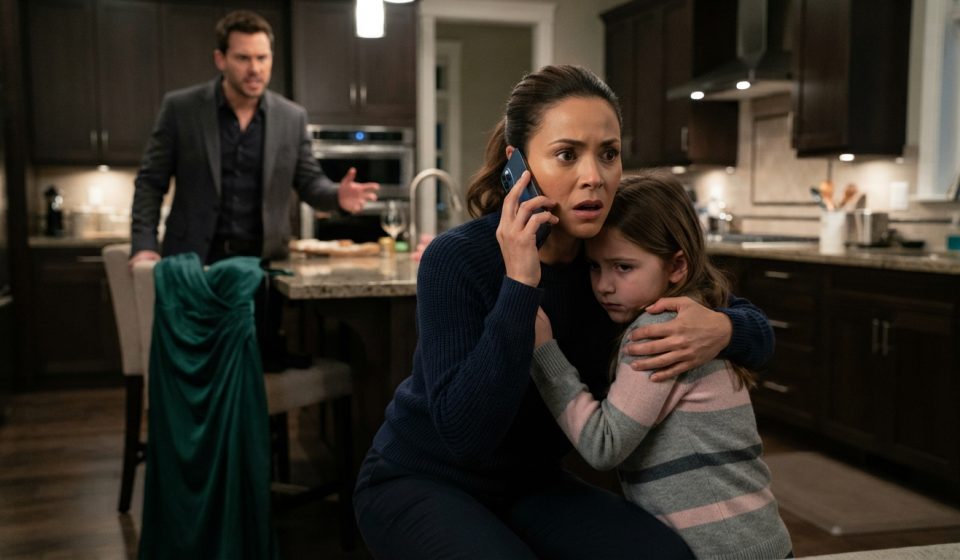 A protective mother holds her frightened eight-year-old daughter during a tense confrontation with her angry husband inside their home.