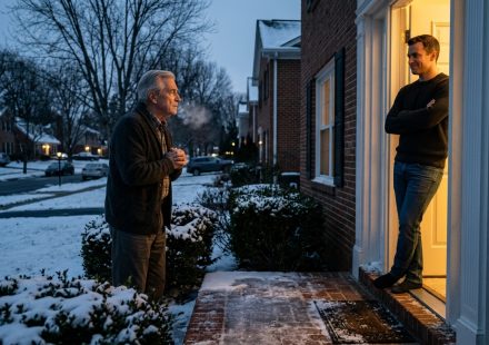 A 76-year-old retired engineer stands shivering outside his neighbour's doorway on a freezing February evening after losing heat in his home.