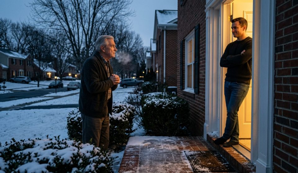 A 76-year-old retired engineer stands shivering outside his neighbour's doorway on a freezing February evening after losing heat in his home.
