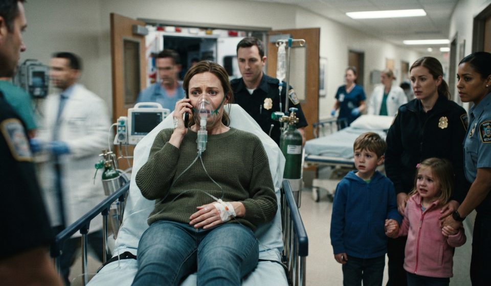 A mother on an ambulance stretcher urgently calls for help while paramedics prepare her for emergency surgery.