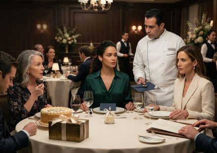 Two sisters at their mother's elegant birthday dinner as a restaurant chef approaches their table beside a brass family recipe box.