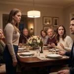 Husband looks confused as his pregnant wife and her sister face a tense moment during a family dinner party.