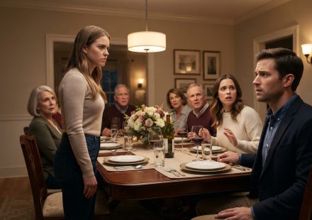 Husband looks confused as his pregnant wife and her sister face a tense moment during a family dinner party.