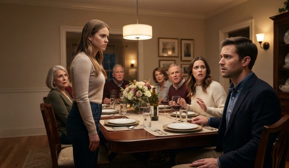 Husband looks confused as his pregnant wife and her sister face a tense moment during a family dinner party.