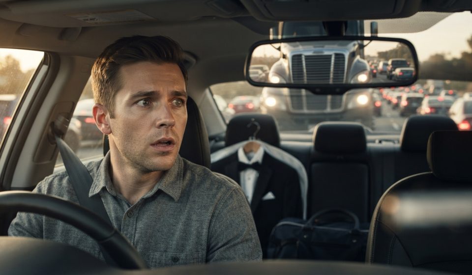 A 28-year-old man driving to his brother's wedding notices a large truck approaching dangerously fast behind his car on the highway.
