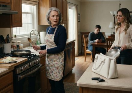 Rita faces her angry daughter-in-law holding a frying pan in the kitchen while her adult son sits nearby looking at his phone.