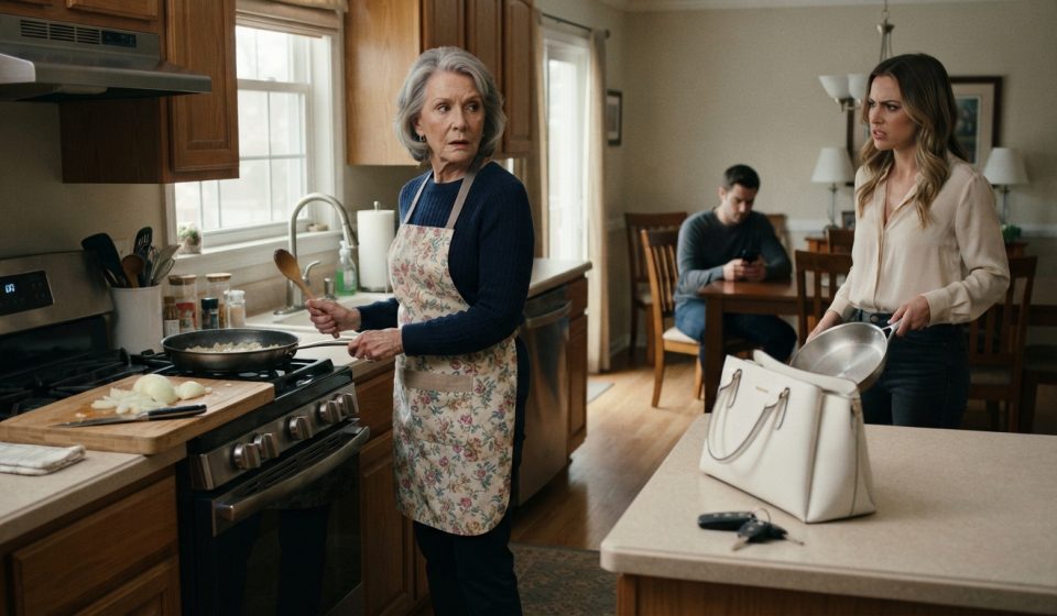 Rita faces her angry daughter-in-law holding a frying pan in the kitchen while her adult son sits nearby looking at his phone.