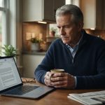 A 63-year-old father sits at his kitchen table reading his son's wedding conditions on a laptop while holding his morning coffee.