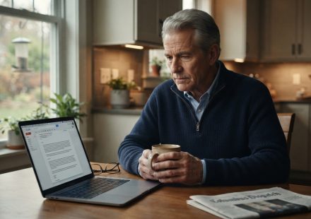 A 63-year-old father sits at his kitchen table reading his son's wedding conditions on a laptop while holding his morning coffee.