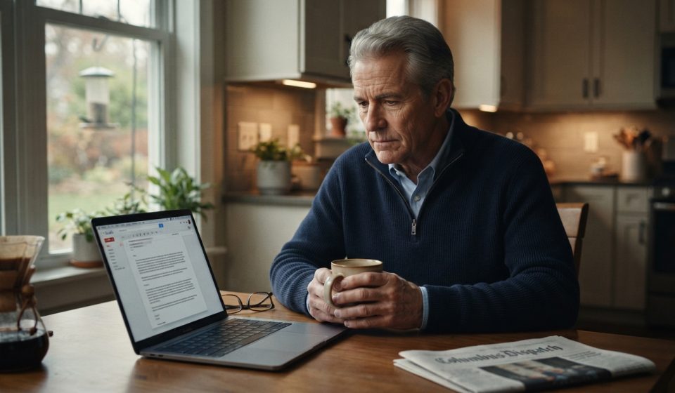 A 63-year-old father sits at his kitchen table reading his son's wedding conditions on a laptop while holding his morning coffee.