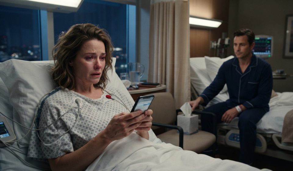 A woman in a hospital bed reading a troubling message on her phone while a male patient watches quietly from the neighboring bed.
