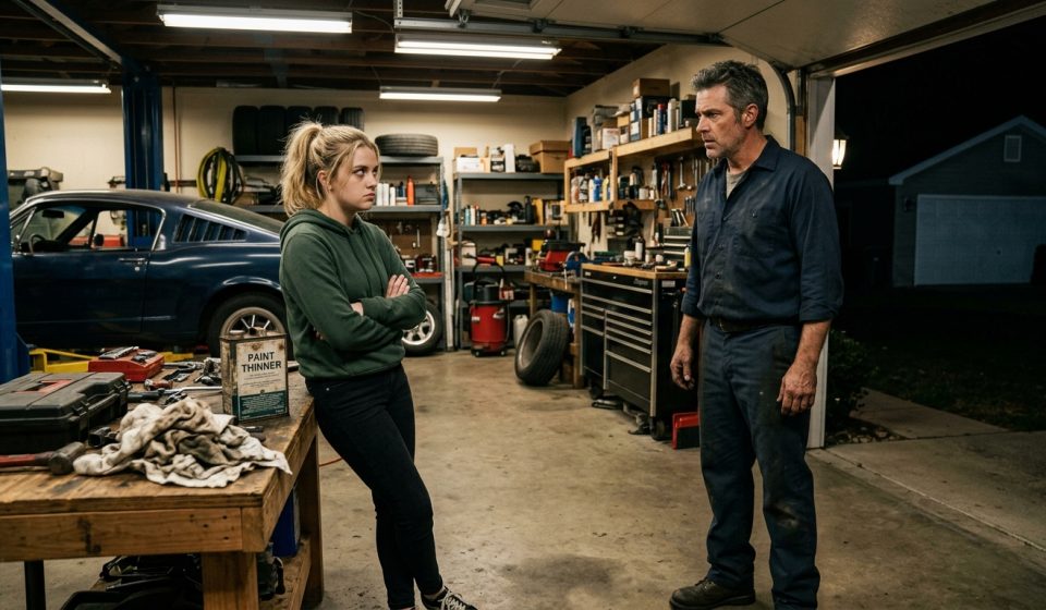 Stepfather discovers his teenage stepdaughter handling flammable materials in the garage before she nearly burned his house down.