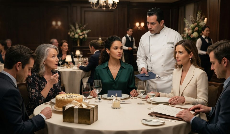 Two sisters at their mother's elegant birthday dinner as a restaurant chef approaches their table beside a brass family recipe box.