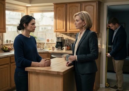 A grieving widow watches her formally dressed mother-in-law survey the kitchen while a man measures the family home with a tape measure.