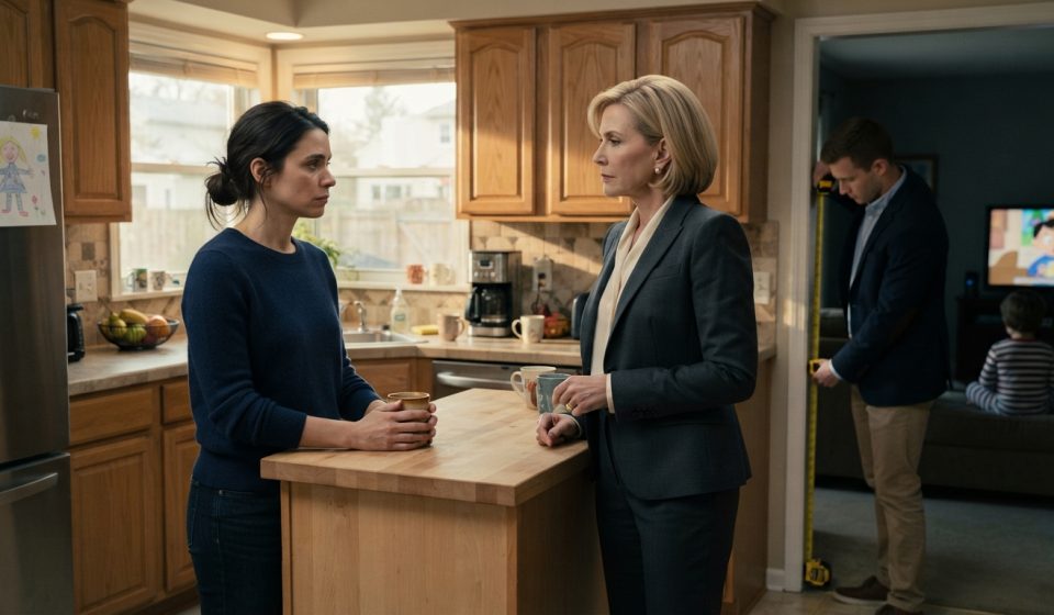A grieving widow watches her formally dressed mother-in-law survey the kitchen while a man measures the family home with a tape measure.