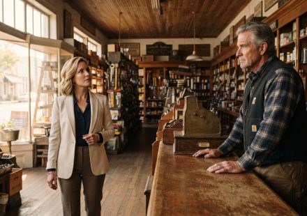 George watches his polished daughter-in-law study the inside of the historic family hardware store while he quietly observes her intentions.