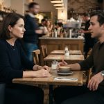 A composed mother sits across from her adult son during a tense conversation at a busy café.