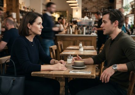 A composed mother sits across from her adult son during a tense conversation at a busy café.