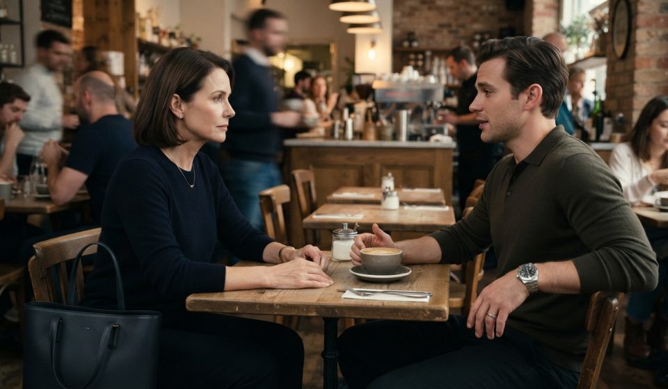 A composed mother sits across from her adult son during a tense conversation at a busy café.
