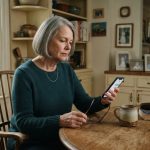A 64-year-old mother sits alone at her kitchen table looking thoughtfully at her phone after discovering her daughter-in-law blocked her on everything.