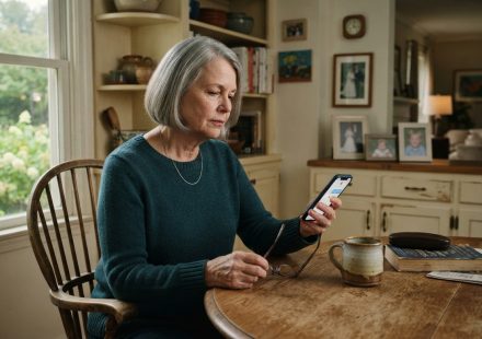 A 64-year-old mother sits alone at her kitchen table looking thoughtfully at her phone after discovering her daughter-in-law blocked her on everything.