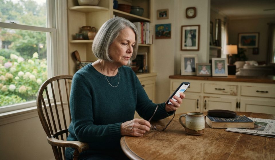 A 64-year-old mother sits alone at her kitchen table looking thoughtfully at her phone after discovering her daughter-in-law blocked her on everything.