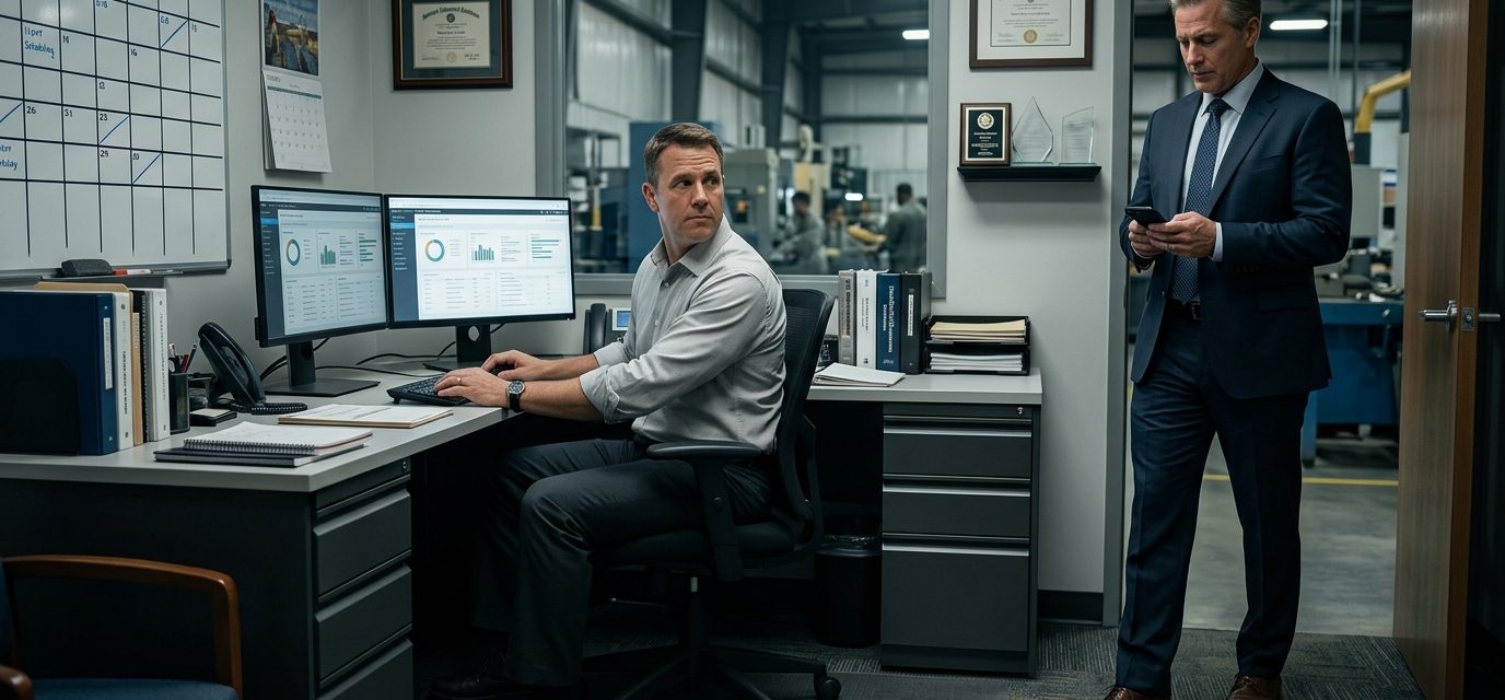 Experienced systems manager calmly faces his CEO after the CEO gave his office to his son at an industrial manufacturing company.