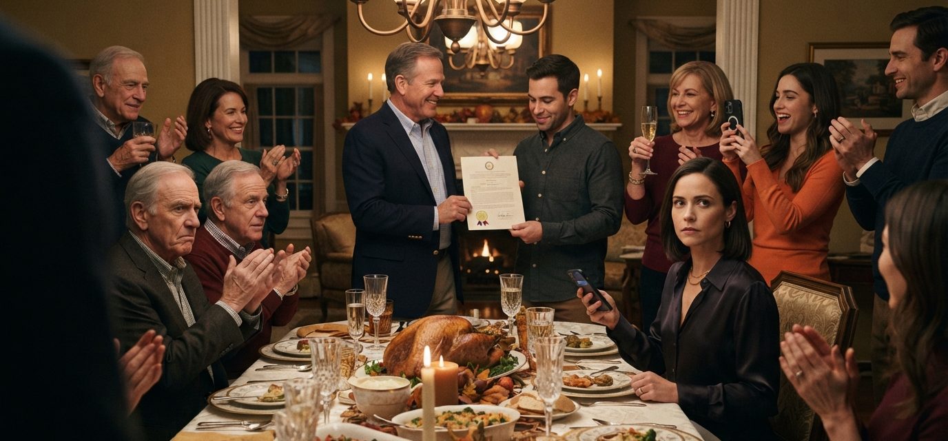 A successful woman watches quietly as her father presents her brother with a property deed during a family Thanksgiving dinner and champagne toast.