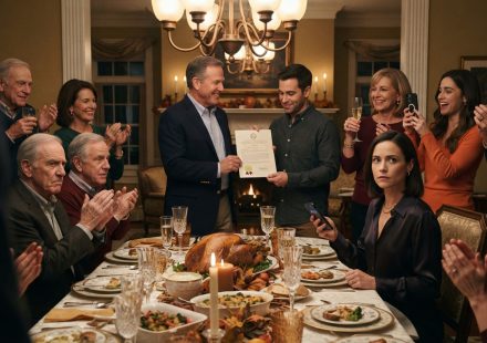 A successful woman watches quietly as her father presents her brother with a property deed during a family Thanksgiving dinner and champagne toast.