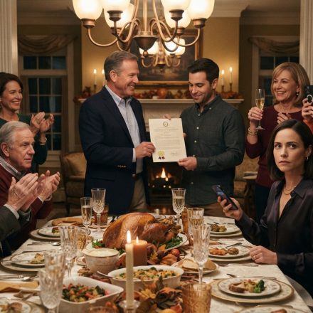 A successful woman watches quietly as her father presents her brother with a property deed during a family Thanksgiving dinner and champagne toast.