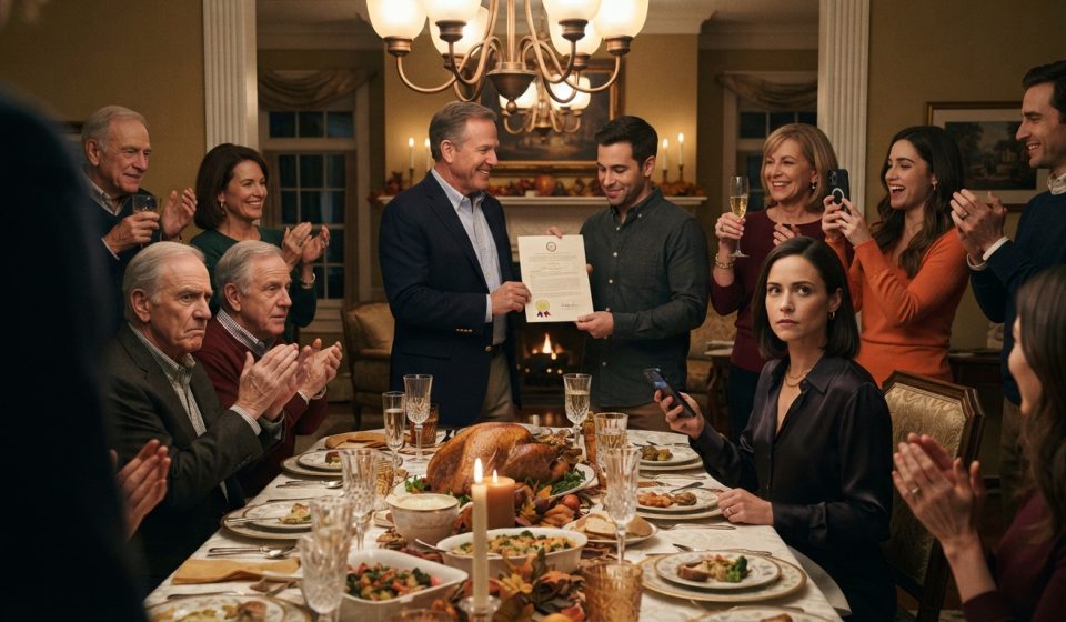 A successful woman watches quietly as her father presents her brother with a property deed during a family Thanksgiving dinner and champagne toast.