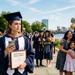 Medical school graduate standing alone with her diploma after her parents skipped her medical school graduation to celebrate her brother.
