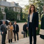 Sadie and her aunt standing outside a billionaire's mansion as her shocked family arrives with eviction papers.